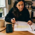 Woman reviewing a dividend portfolio report at a kitchen table with a brokerage app open on her smartphone