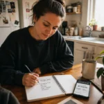Woman writing emergency fund savings goals in a notebook with a banking app open on her smartphone at a kitchen table