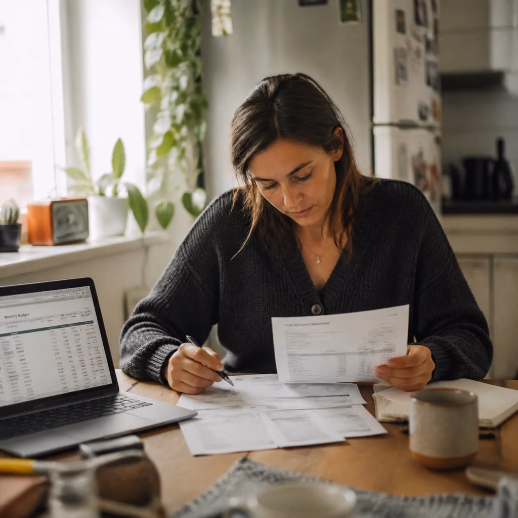 Woman reviewing monthly bank statements and budgeting spreadsheet at a kitchen table to identify expense reductions
