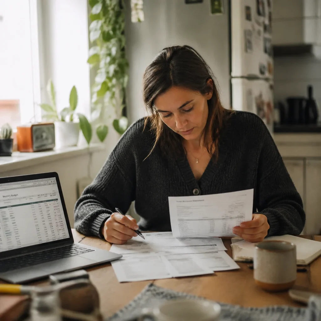 Woman reviewing monthly bank statements and budgeting spreadsheet at a kitchen table to identify expense reductions