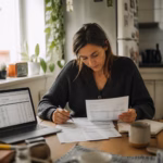 Woman reviewing monthly bank statements and budgeting spreadsheet at a kitchen table to identify expense reductions