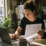 Woman reviewing freelance invoice at kitchen table while working on a side hustle from home