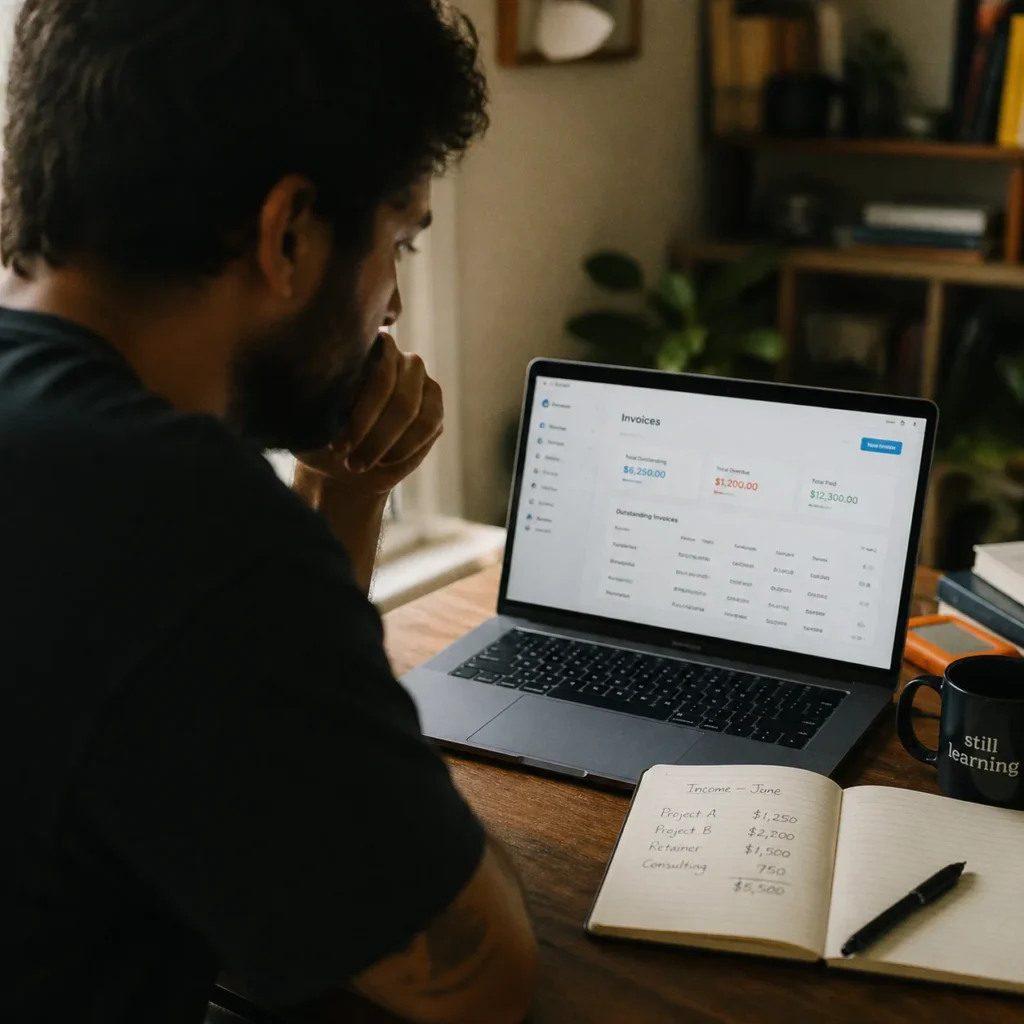 Woman reviewing freelance side hustle income on laptop at home kitchen table with handwritten notes
