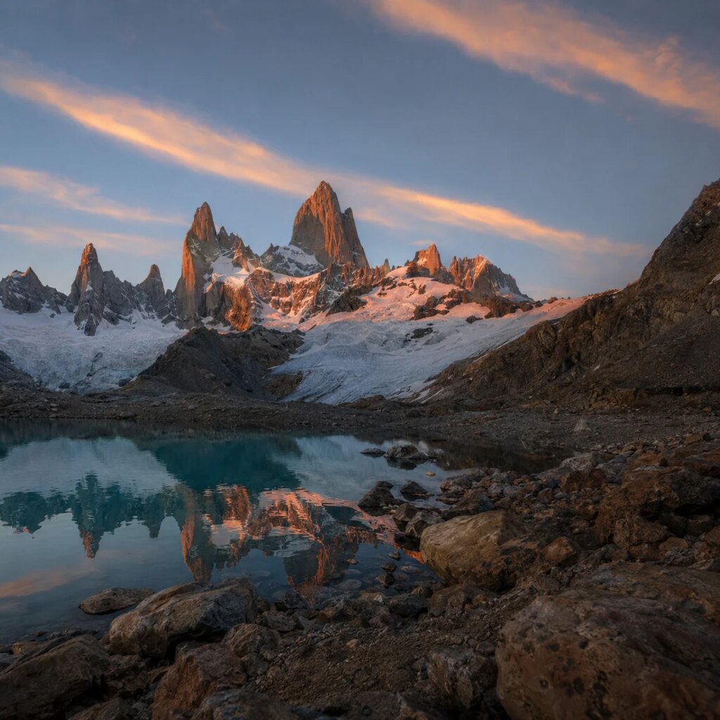 Mount Fitz Roy reflected in Laguna de los Tres at golden hour in Argentine Patagonia