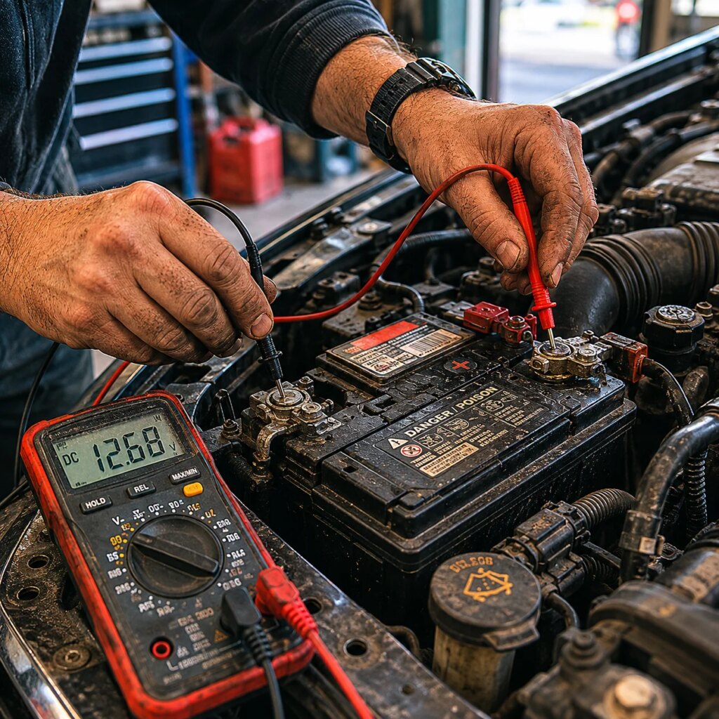 Hands connecting automotive multimeter probes to car battery terminals in engine bay