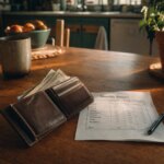 Open wallet with cash and a handwritten budget worksheet on a wooden table in soft morning light