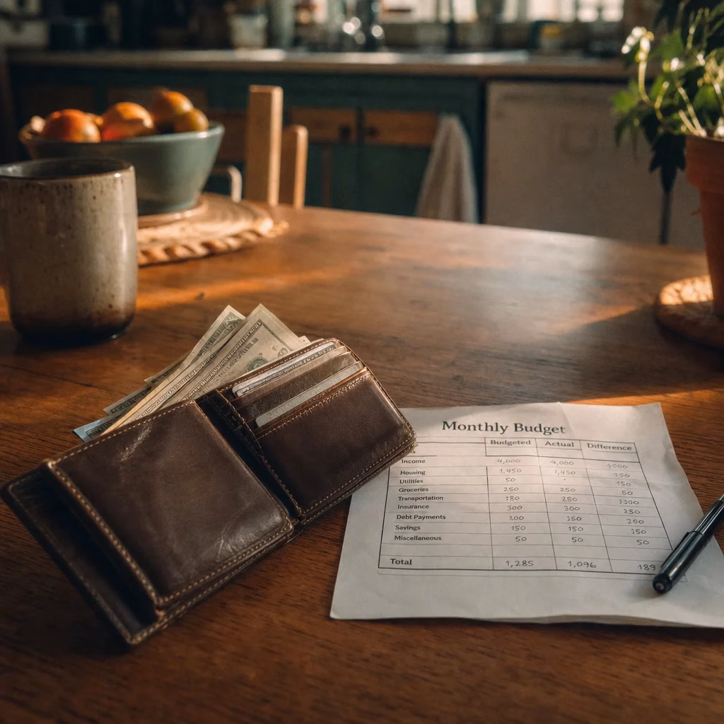 Open wallet with cash and a handwritten budget worksheet on a wooden table in soft morning light