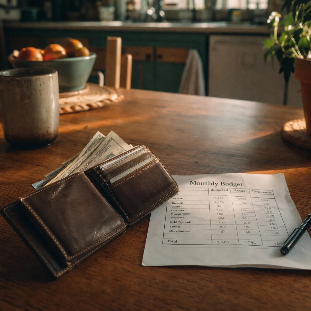 Open wallet with cash and a handwritten budget worksheet on a wooden table in soft morning light