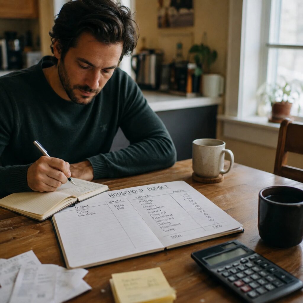Household budget planner on kitchen table with calculator and coffee mugs in natural morning light
