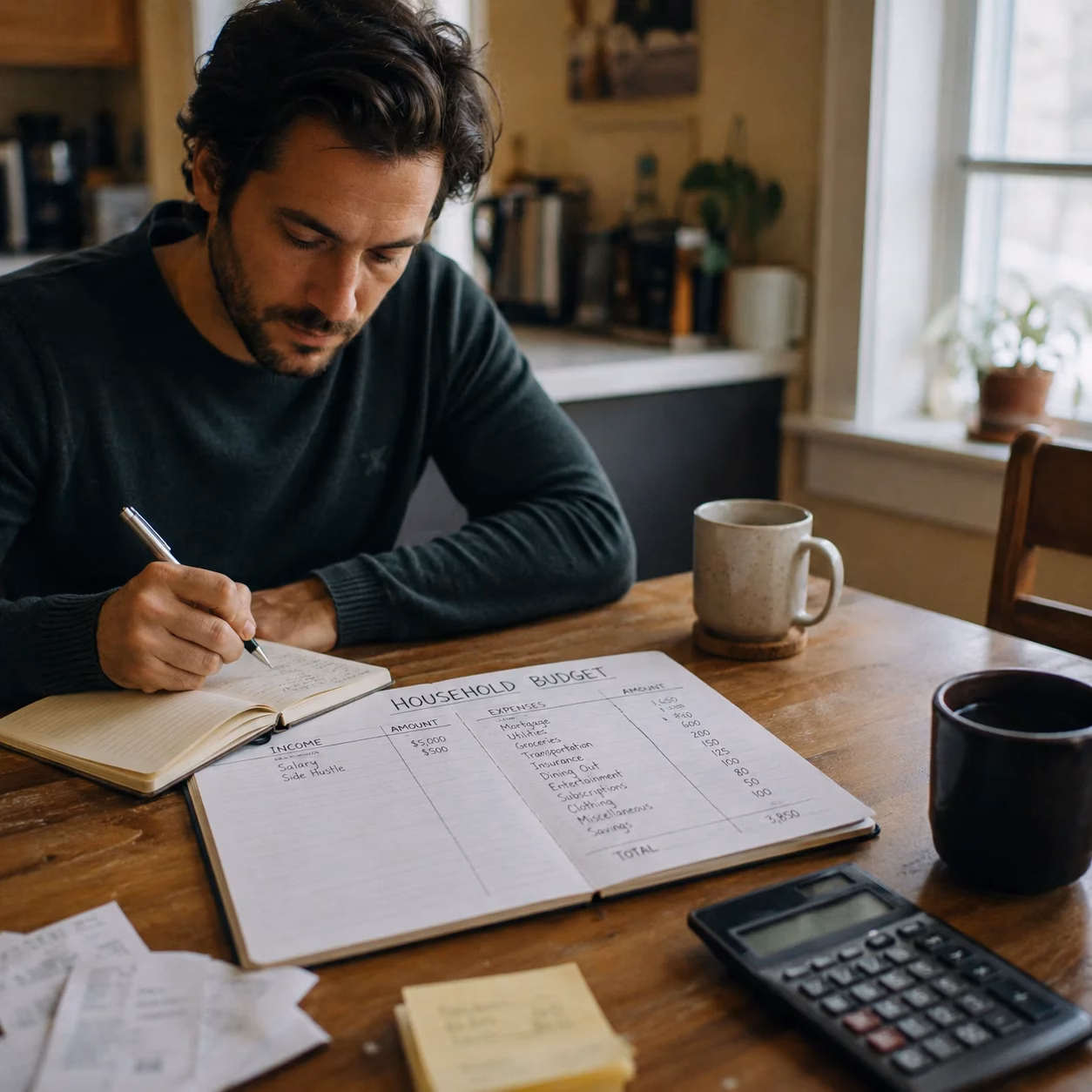 Household budget planner on kitchen table with calculator and coffee mugs in natural morning light