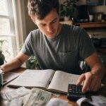 Young adult reviewing a handwritten budget with a calculator on a wooden desk