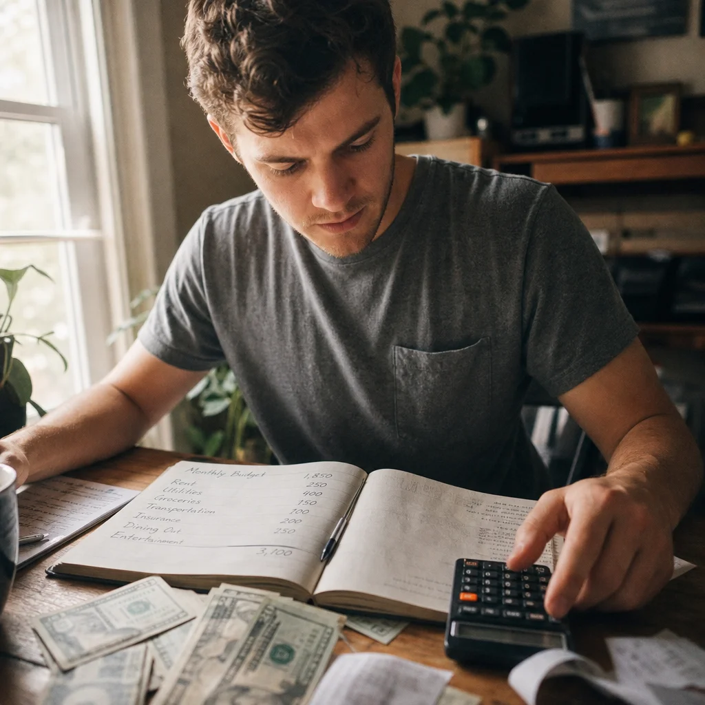 Young adult reviewing a handwritten budget with a calculator on a wooden desk