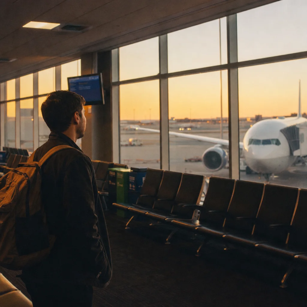 Empty international departure terminal at dawn with a widebody aircraft visible through large windows