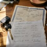 Car title document and depreciation calculation on grid paper beside car keys on wooden desk