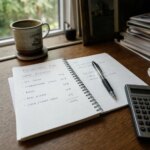 Retirement planning notebook with handwritten investment allocation notes and calculator on wooden desk