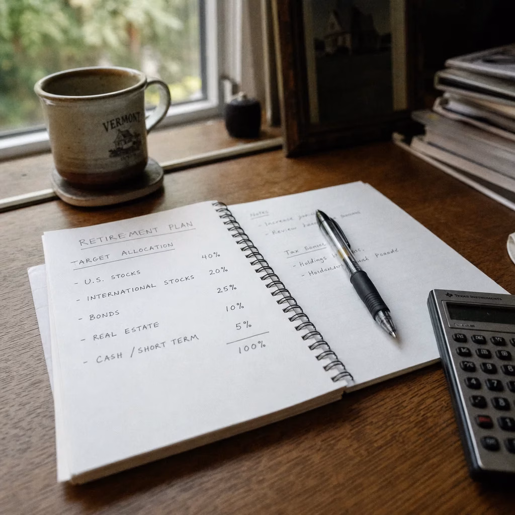 Retirement planning notebook with handwritten investment allocation notes and calculator on wooden desk