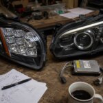 LED and xenon HID headlight assemblies compared side by side on a workshop bench