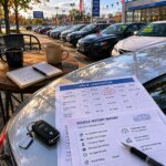 Car dealership lot with new and used vehicles alongside a printed price comparison sheet on a car hood