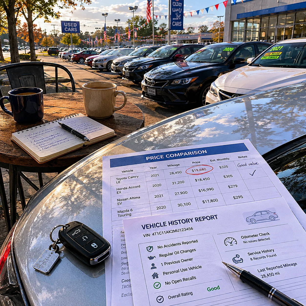 Car dealership lot with new and used vehicles alongside a printed price comparison sheet on a car hood