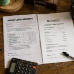 Two loan documents side by side on a desk — payday loan agreement and personal loan contract with a calculator nearby
