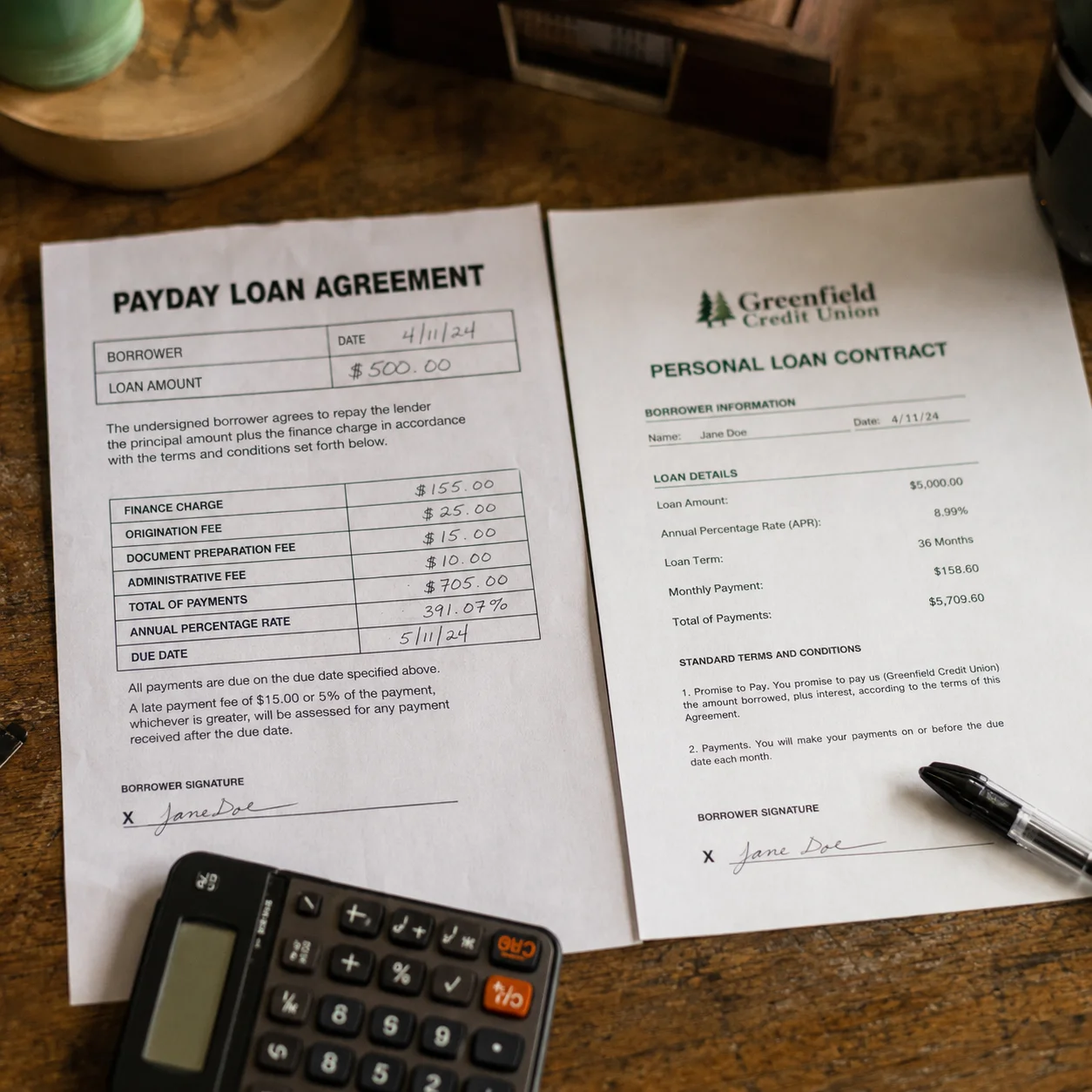 Two loan documents side by side on a desk — payday loan agreement and personal loan contract with a calculator nearby