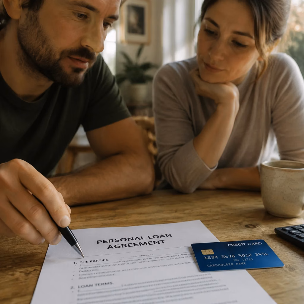 Personal loan agreement document and credit card side by side on a wooden desk with a pen ready to sign