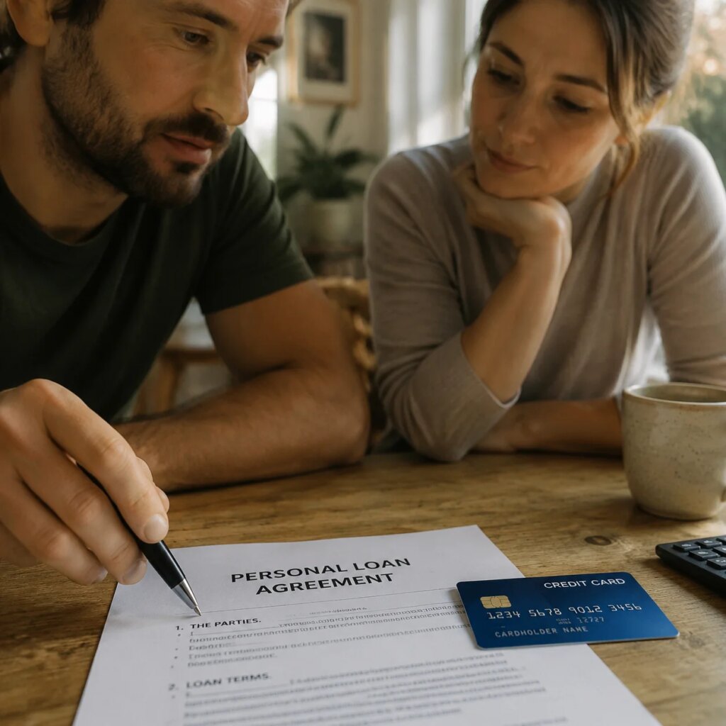 Personal loan agreement document and credit card side by side on a wooden desk with a pen ready to sign