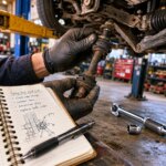 Mechanic inspecting a worn sway bar end link on a car lifted in a garage during suspension noise diagnosis