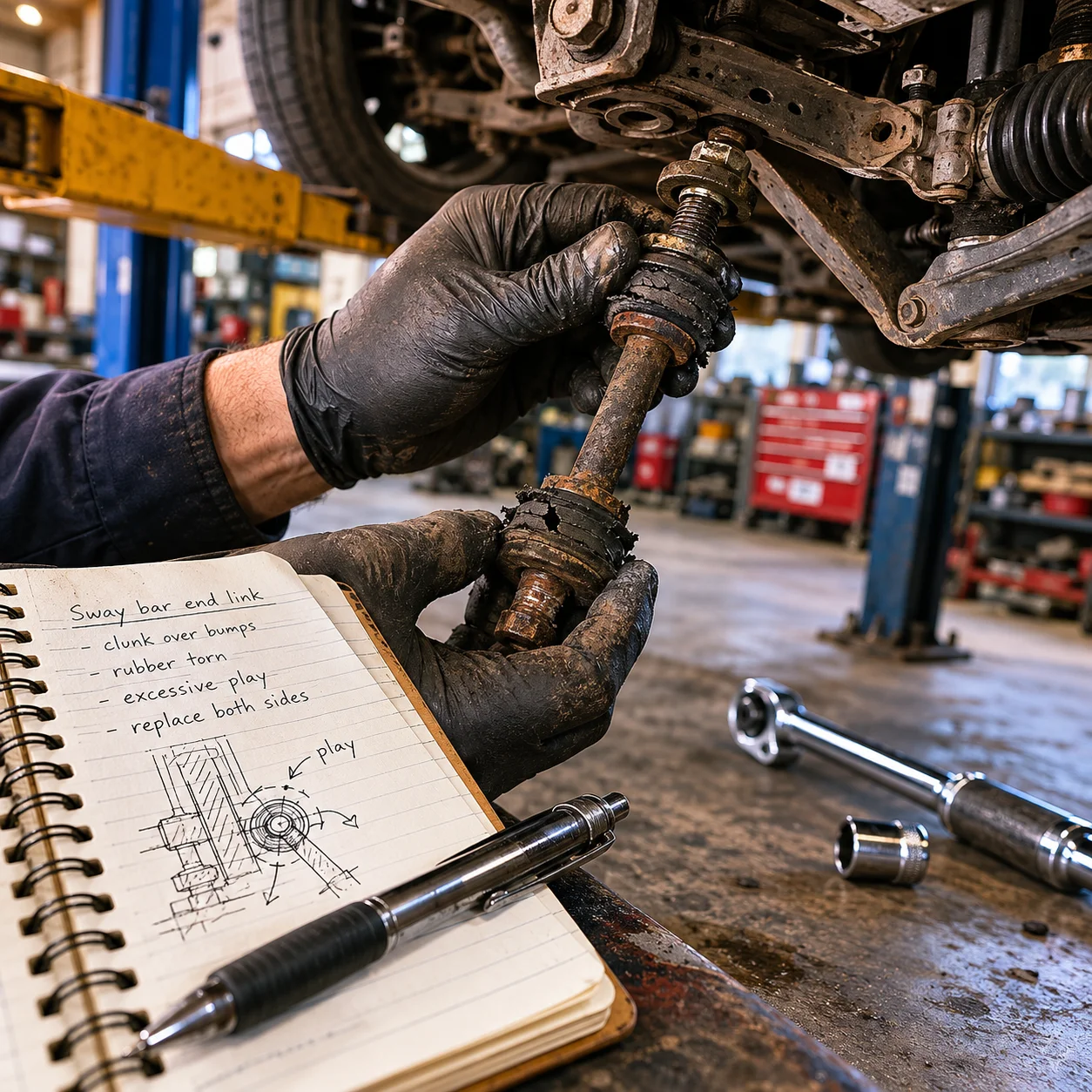 Mechanic inspecting a worn sway bar end link on a car lifted in a garage during suspension noise diagnosis