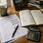 Printed tax return document and handwritten financial notes on a wooden desk with natural light