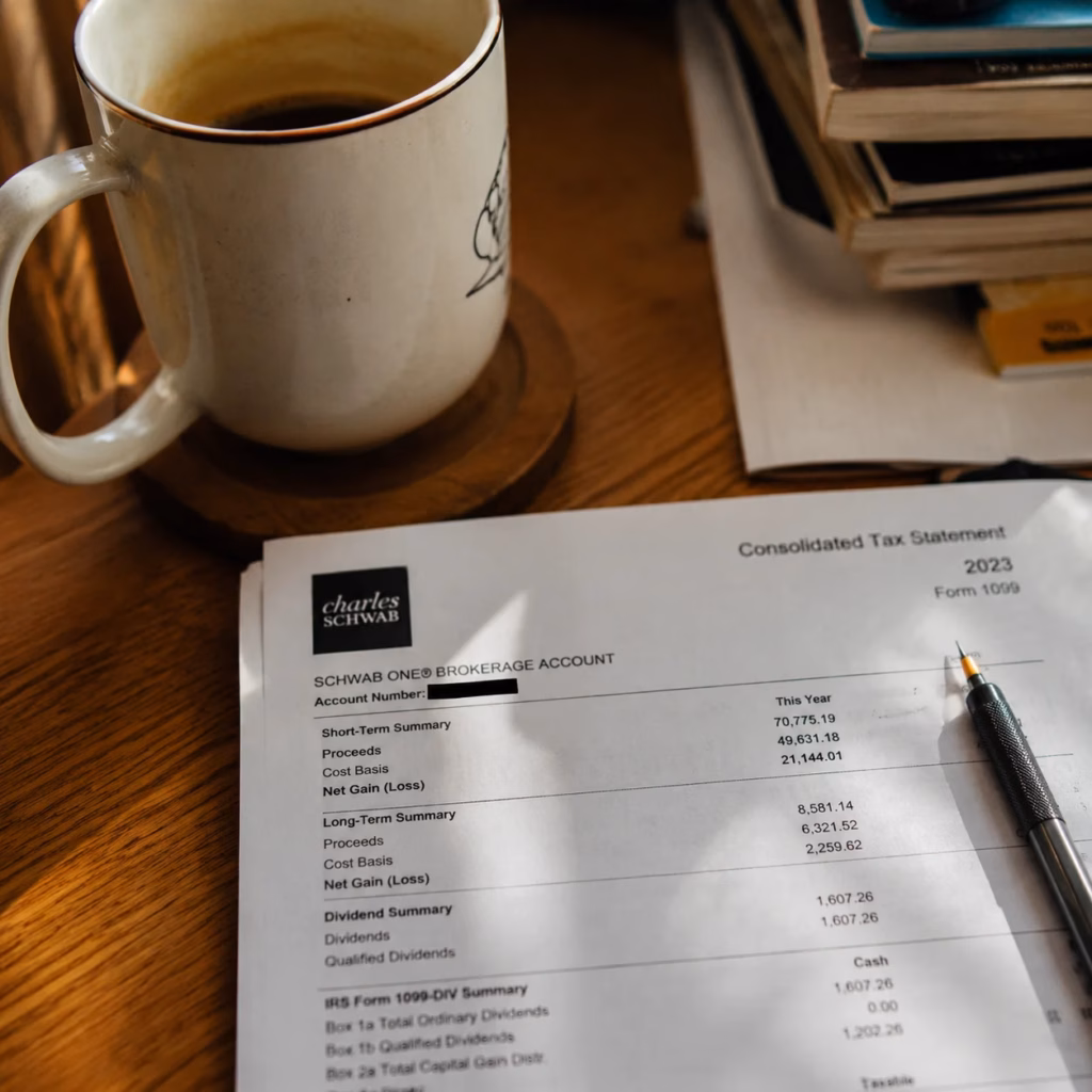 Printed investment tax statement on a wooden desk with a pencil and coffee mug in soft natural light