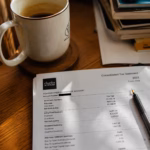 Printed investment tax statement on a wooden desk with a pencil and coffee mug in soft natural light