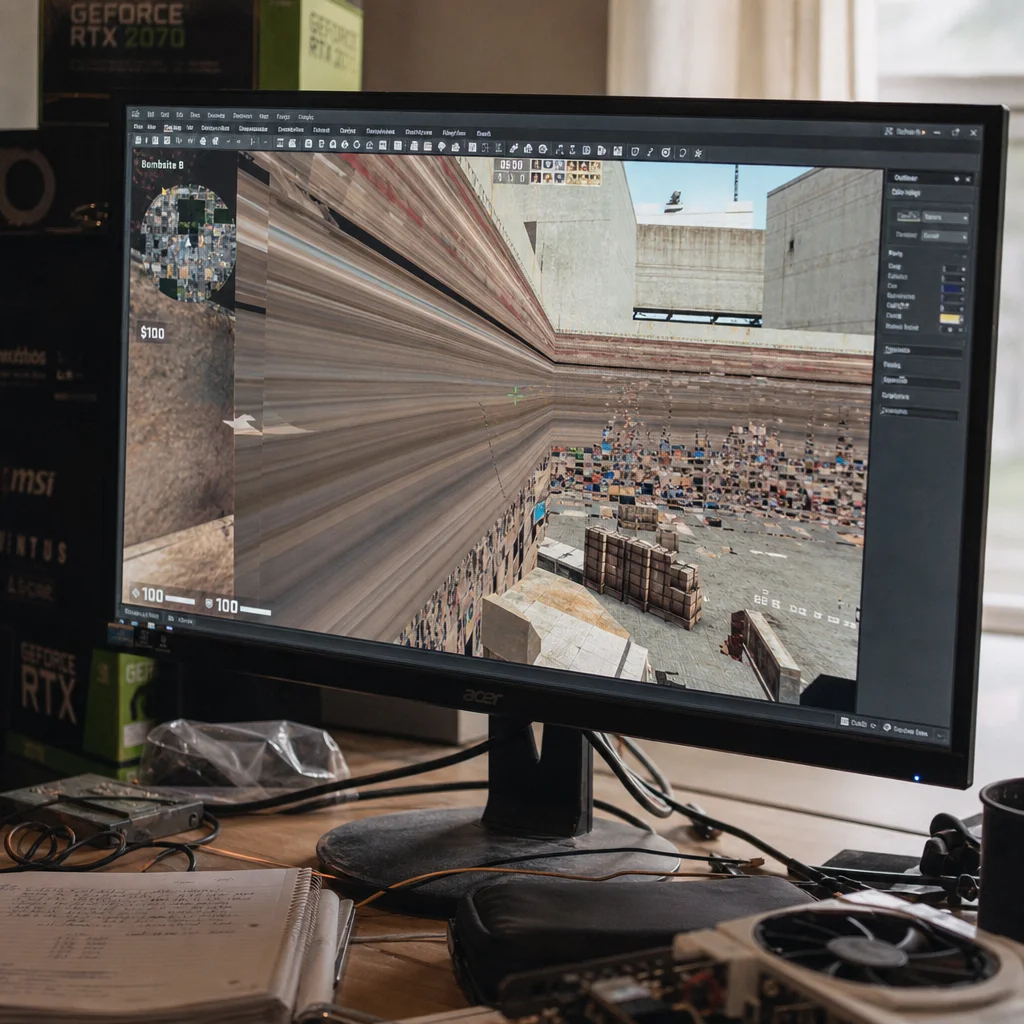 Gaming monitor showing a corrupted texture glitch on a 3D game environment surface